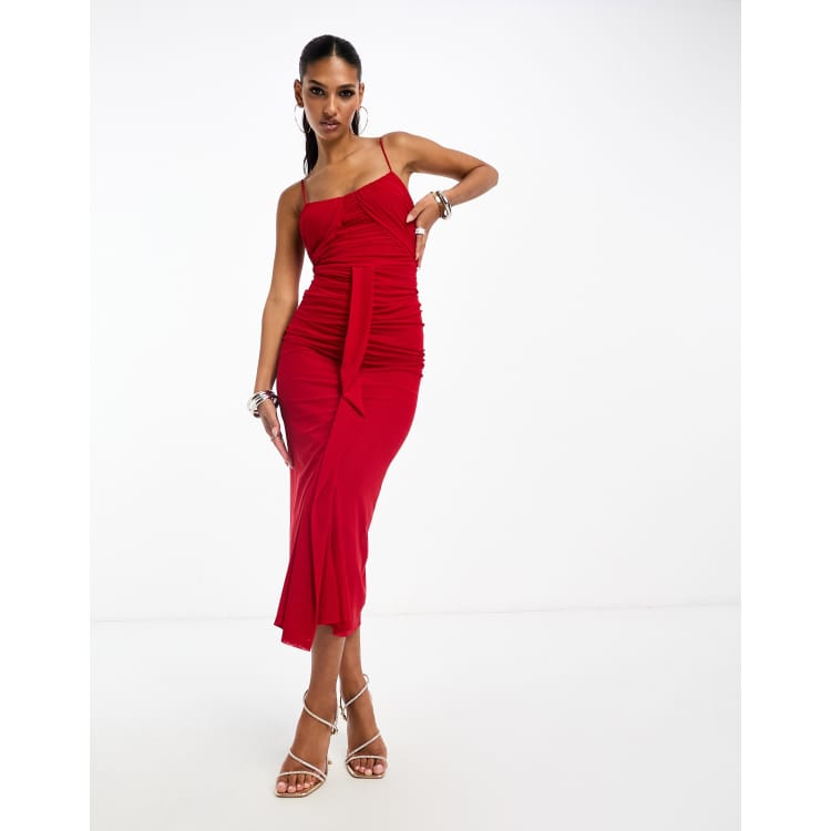 ASOS DESIGN cami ruched mesh midi dress in red