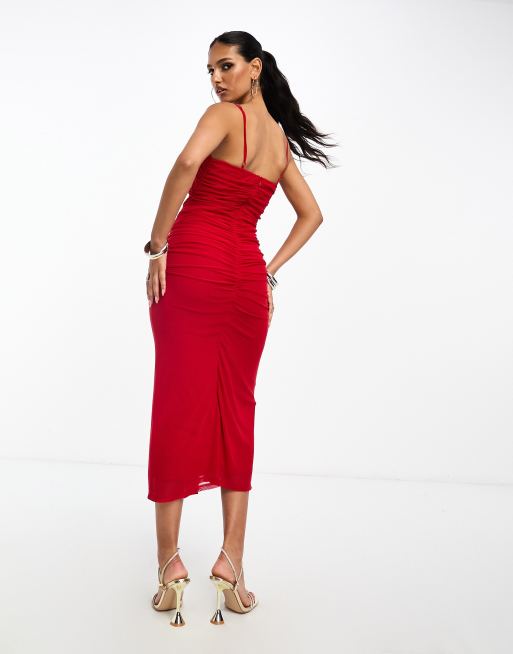 ASOS DESIGN Maternity mesh long sleeve ruched midi dress in red