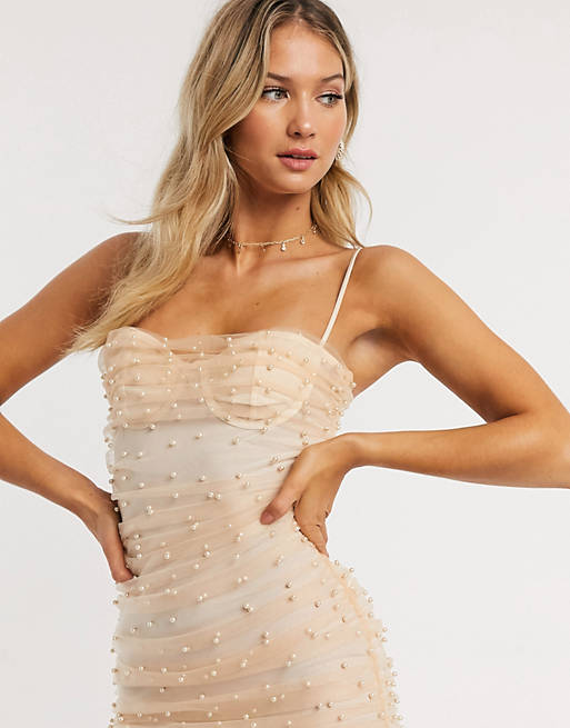ASOS DESIGN cami ruched pearl mesh bodycon midi dress in pale pink