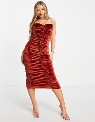 ASOS DESIGN cami ruched velvet midi dress in rust