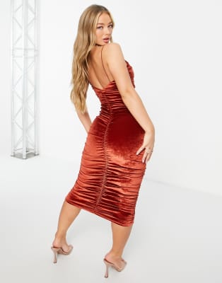 rust velvet midi dress