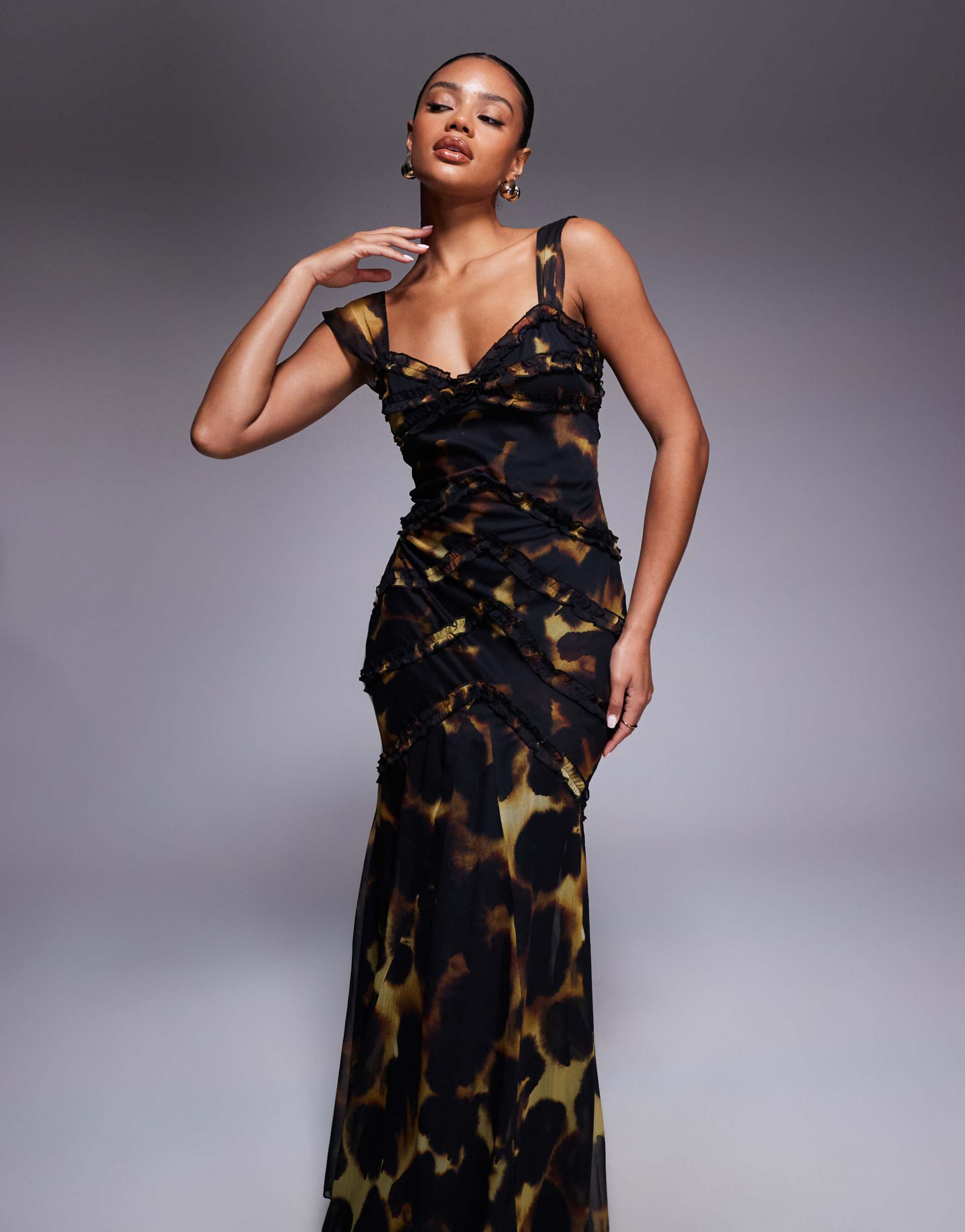 asos design cami ruffle detail maxi dress in dark blurred leopard print