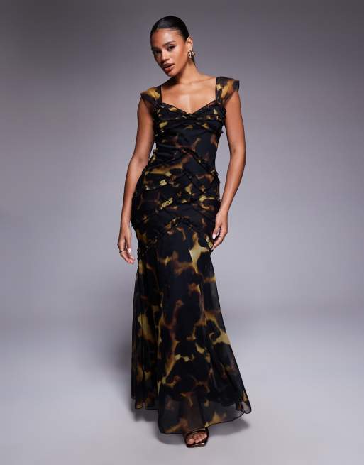 ASOS DESIGN cami ruffle detail maxi dress in dark blurred leopard print, 2 of 4