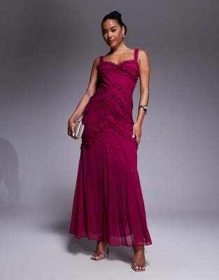 ASOS DESIGN cami ruffle detail maxi dress in raspberry - view 1
