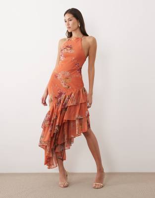 Макси-платье ASOS DESIGN с оборками на бретелях и подолом оранжевого цвета с цветочным принтом оранжевый цветочный принт