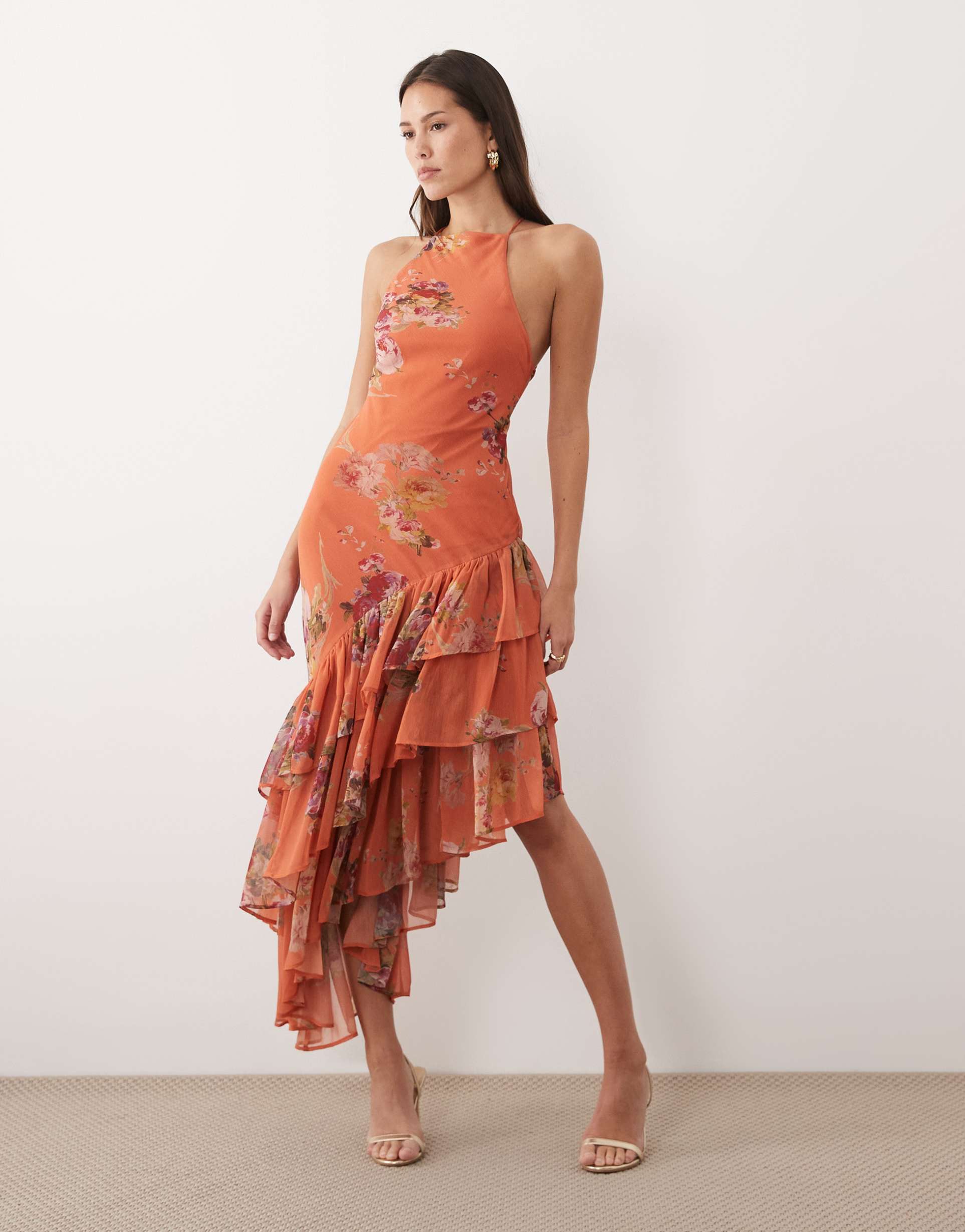 asos design cami ruffle hem maxi dress in orange floral print