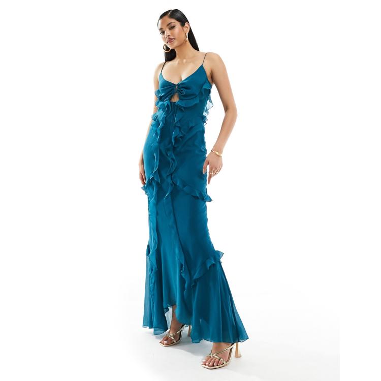 ASOS DESIGN cami ruffle maxi dress with cut out detail in teal blue ASOS