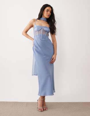 Asos Design Cami Satin And Lace Slip Midi Dress With Scarf Detail In Blue