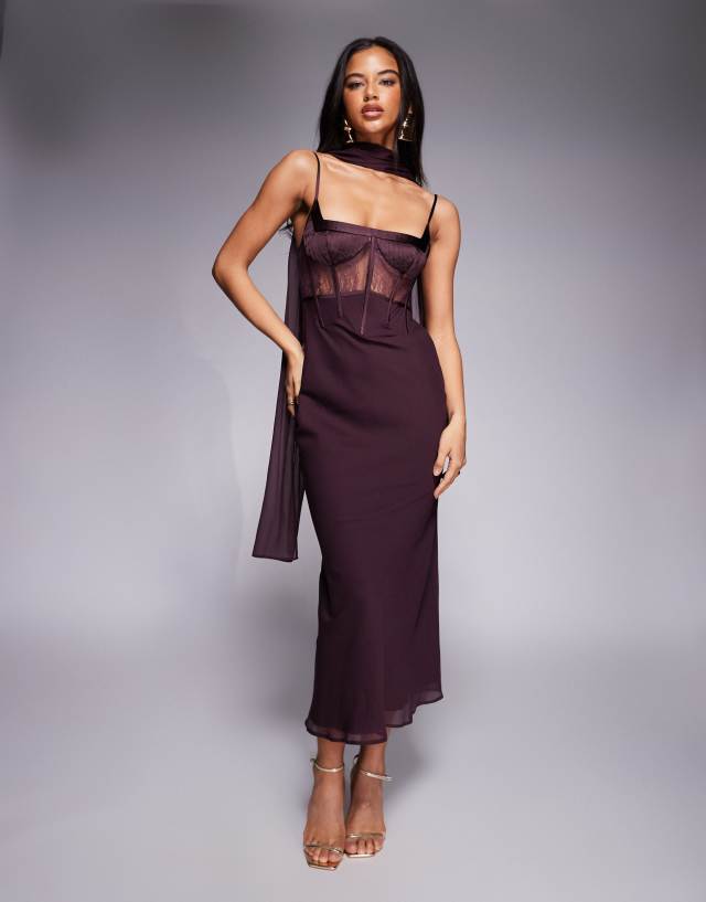 asos design bonded geometric lace midi dress cami satin and slip with scarf detail in mulberry Long sleeve Color:Champlain color silhouette: A-Line Aria Maxi Denim Dress a flattering V