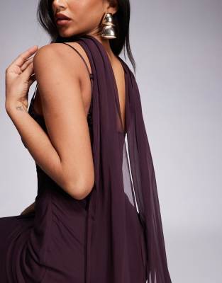 Asos Design Cami Satin And Lace Slip Midi Dress With Scarf Detail In Red