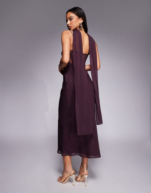ASOS DESIGN cami satin and lace slip midi dress with scarf detail in mulberry