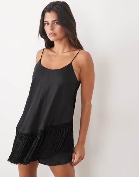 ASOS DESIGN cami satin playsuit with fringe in black - view 1