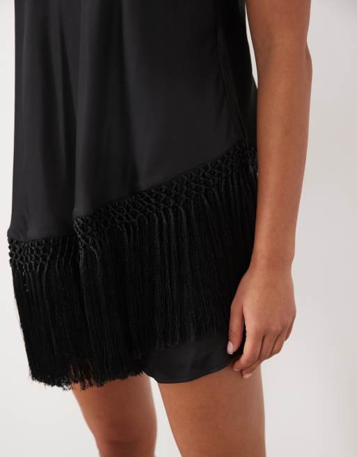 ASOS DESIGN cami satin playsuit with fringe in black, 4 of 4