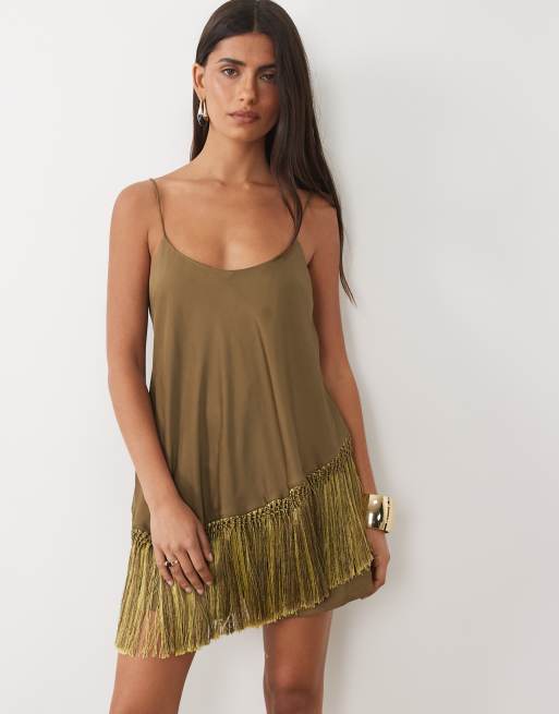 ASOS DESIGN cami satin playsuit with fringe in olive green, 2 of 4