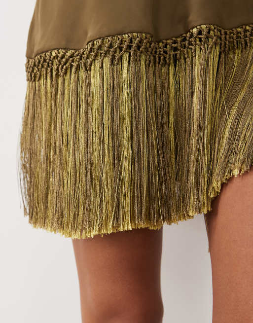 ASOS DESIGN cami satin playsuit with fringe in olive green, 3 of 4