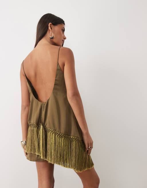 ASOS DESIGN cami satin playsuit with fringe in olive green, 4 of 4