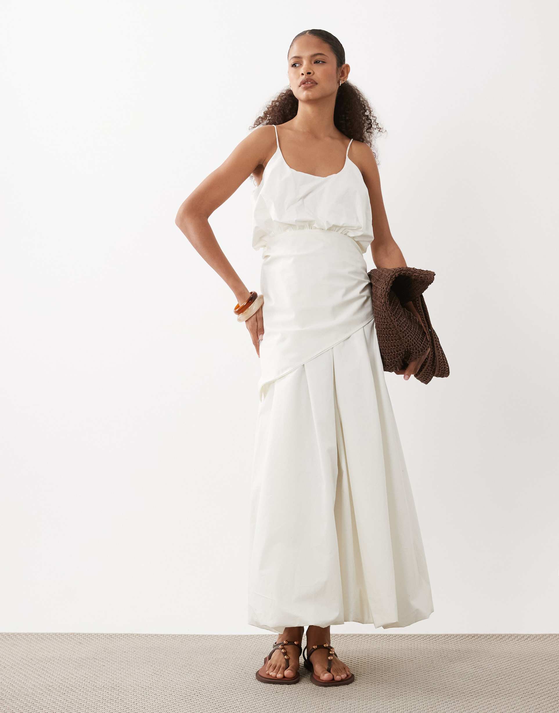 asos design cami scoop ruched bubble hem scarf detail midi dress in stone