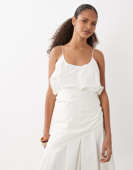 ASOS DESIGN cami scoop ruched bubble hem scarf detail midi dress in stone, 3 of 4