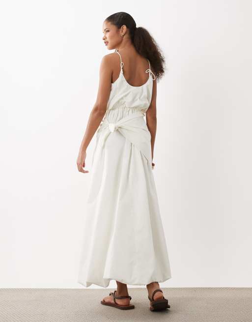 ASOS DESIGN cami scoop ruched bubble hem scarf detail midi dress in stone, 4 of 4