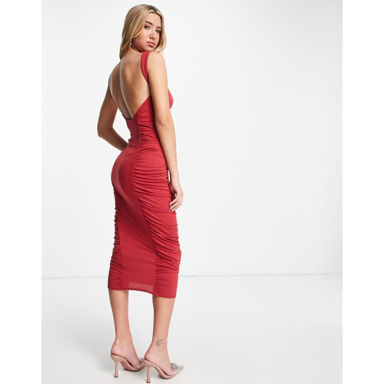 ASOS DESIGN cami side ruched sweetheart midi dress in fiery red