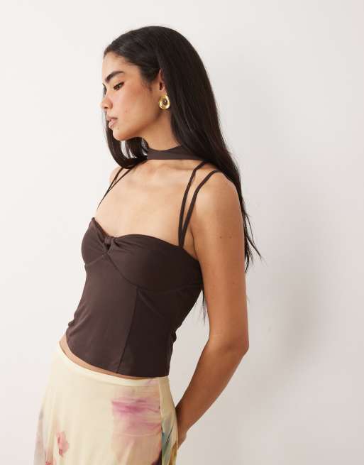 ASOS DESIGN - Cami-sjaaltop van mesh met gedraaide voorkant in chocoladebruin, 2 van 4
