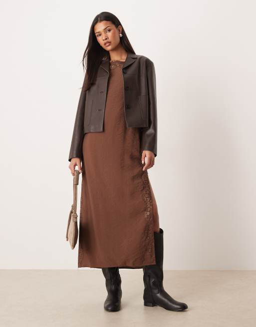 ASOS DESIGN cami square neck crinkle satin lace detail maxi dress in chocolate, 4 of 4