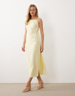 Asos Design Cami Square Neck Crinkle Satin Lace Detail Maxi Dress In Yellow