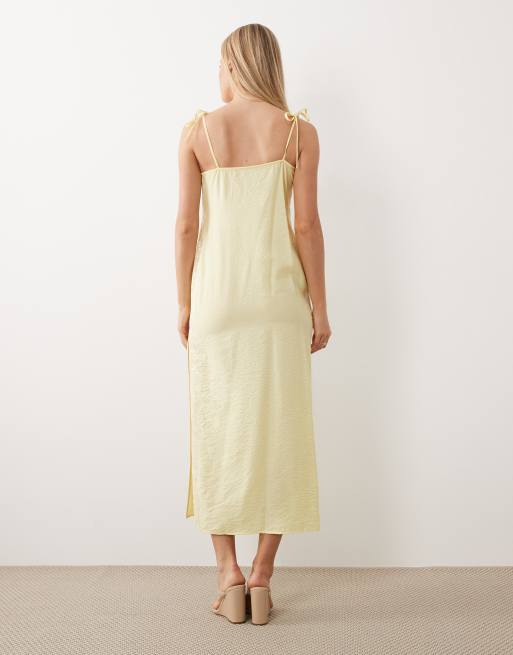 ASOS DESIGN cami square neck crinkle satin lace detail maxi dress in lemon, 2 of 4