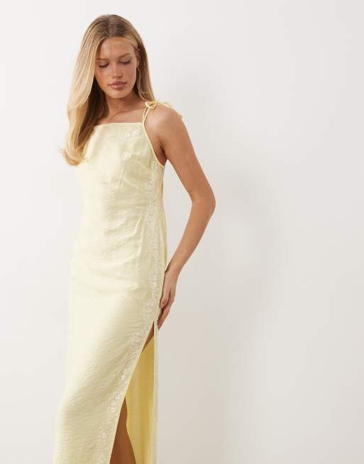 ASOS DESIGN cami square neck crinkle satin lace detail maxi dress in lemon, 3 of 4