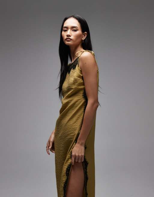 ASOS DESIGN cami square neck crinkle satin lace detail maxi dress in olive, 2 of 4