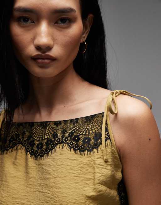 ASOS DESIGN cami square neck crinkle satin lace detail maxi dress in olive, 3 of 4