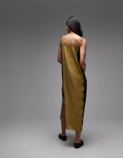 ASOS DESIGN cami square neck crinkle satin lace detail maxi dress in olive, 4 of 4