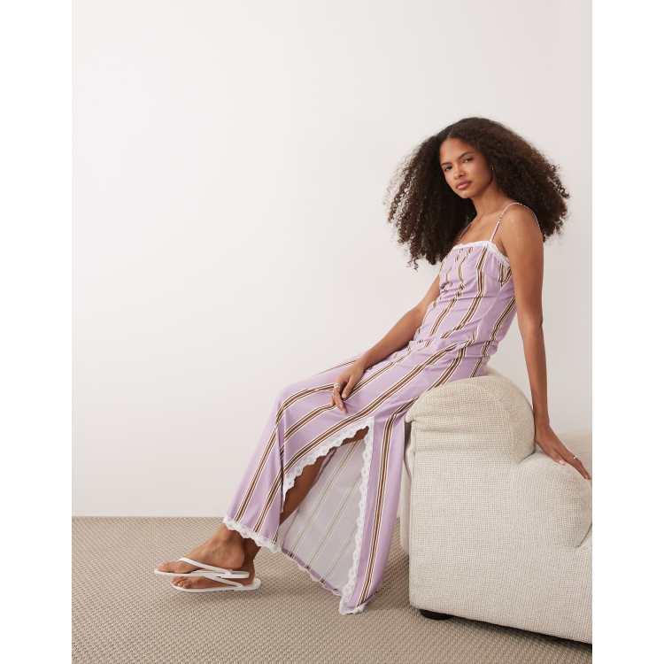 ASOS DESIGN cami square neck midi dress with lace trim and side slit in  striped print | ASOS