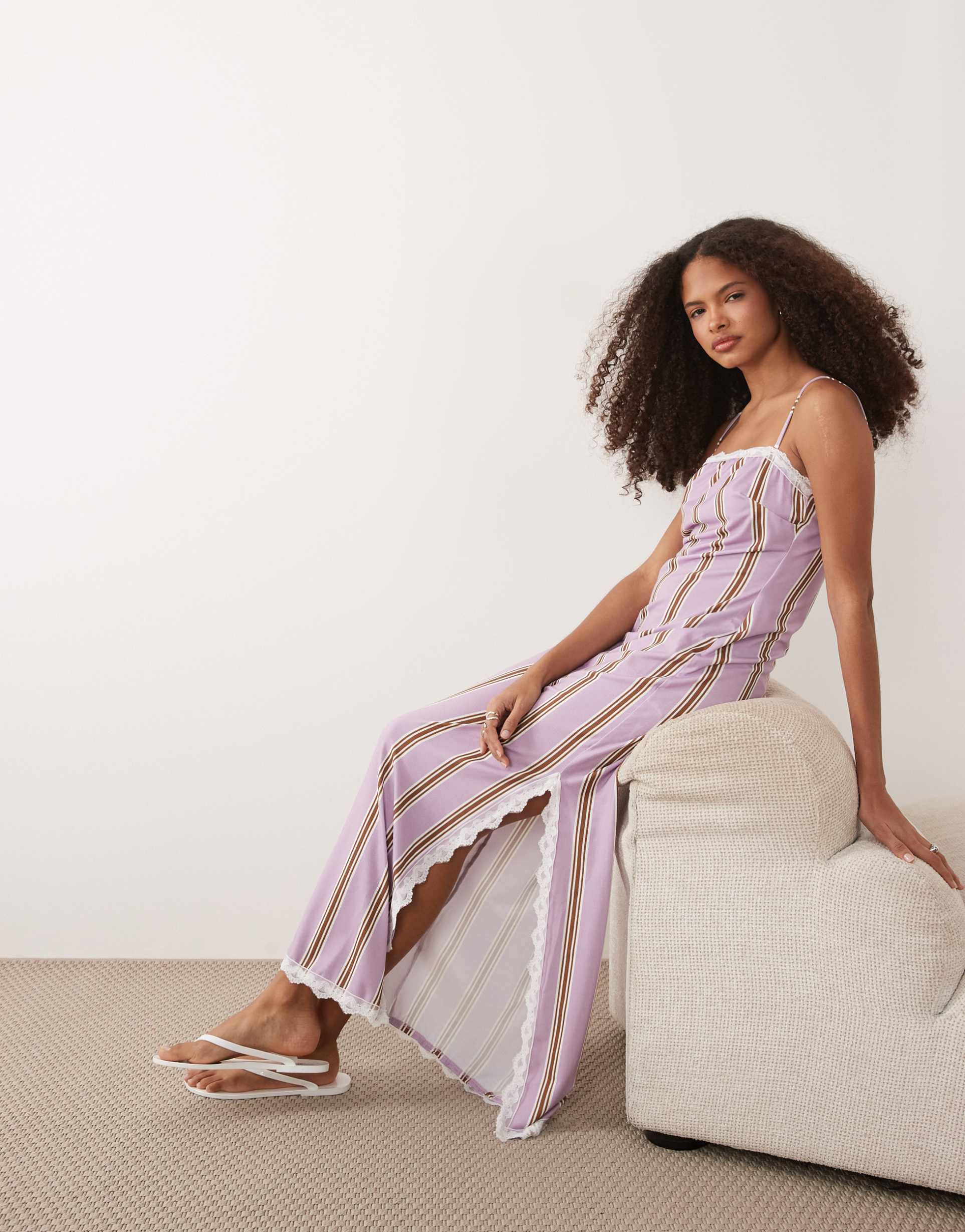 asos design cami square neck midi dress with lace trim and side slit in striped print