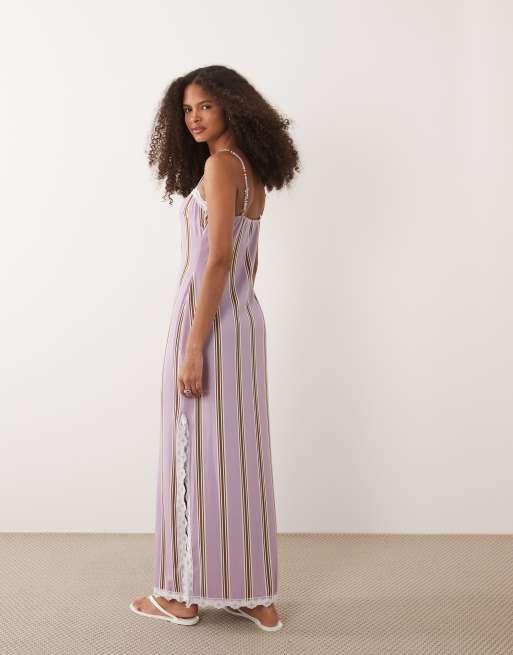 ASOS DESIGN cami square neck with lace detail and side split midi dress in stripe print, 2 of 4
