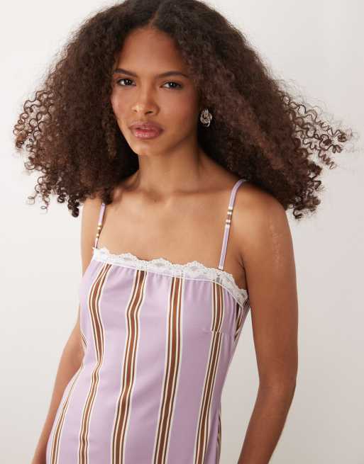 ASOS DESIGN cami square neck with lace detail and side split midi dress in stripe print, 3 of 4