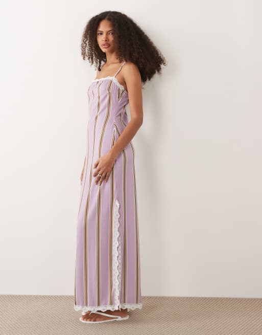 ASOS DESIGN cami square neck with lace detail and side split midi dress in stripe print, 4 of 4