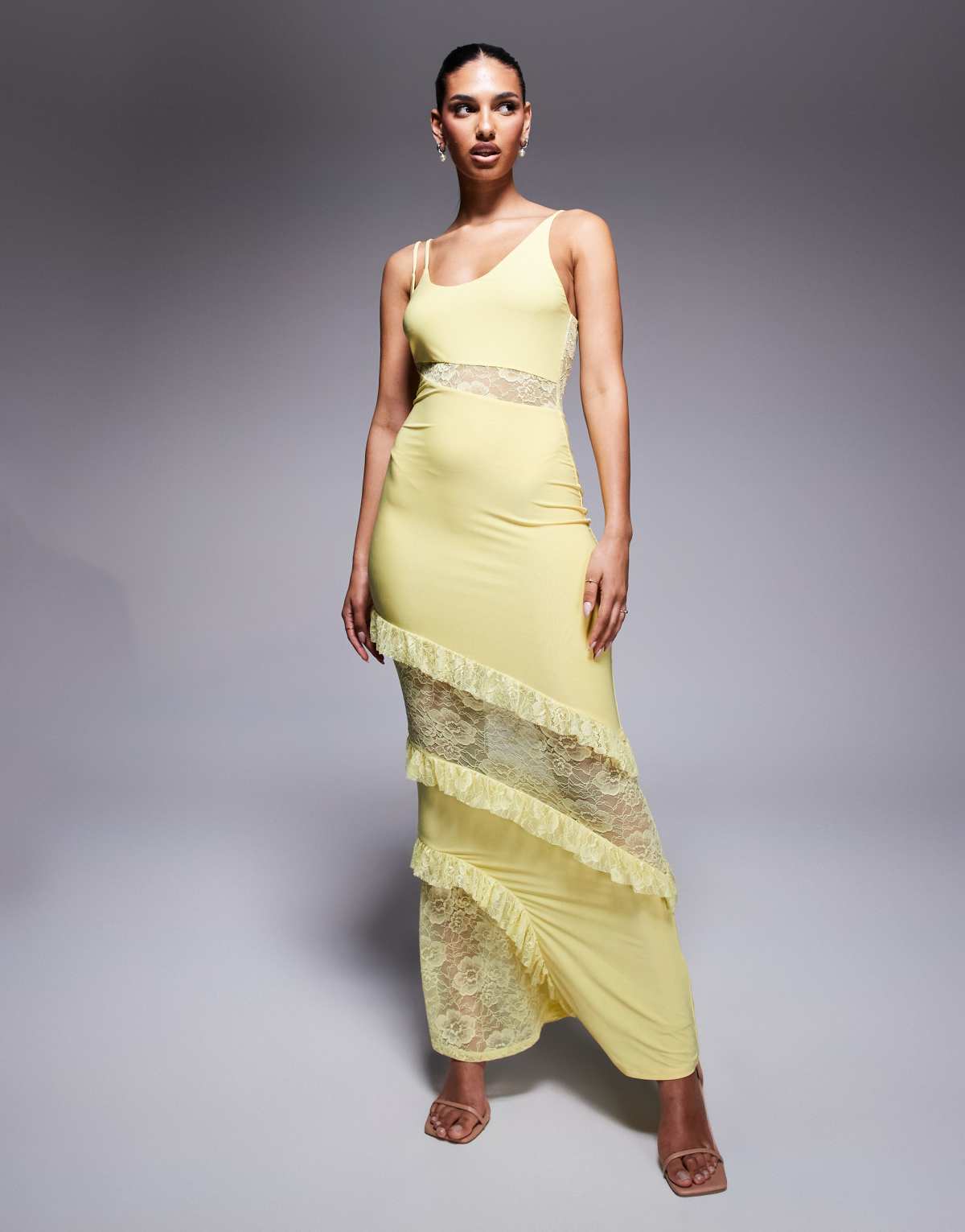 ASOS DESIGN cami strap lace panel maxi dress with ruffle detail in pastel yellow