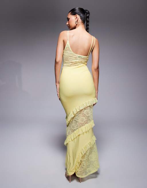 ASOS DESIGN cami strap lace panel maxi dress with ruffle detail in pastel yellow, 3 of 4