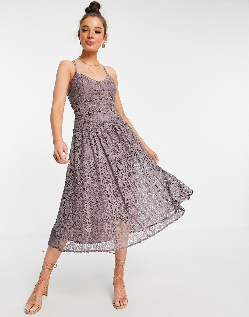ASOS DESIGN cami strap midi prom dress in lace with circle trims in Dusty Mauve-Purple