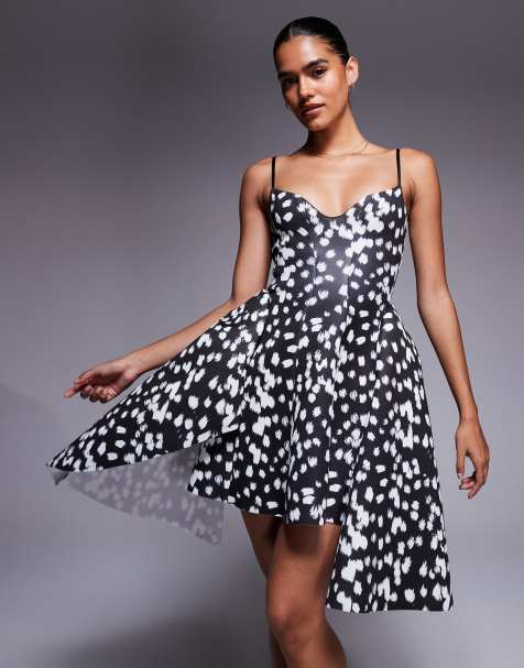 ASOS DESIGN cami strap mini dress with full hem sweep and asymmetric hem detailing in spot print in scuba-style fabric - view 1