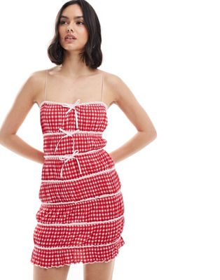 Asos Design Cami Strap Mini Dress With Ruching In Red Gingham Print-multi
