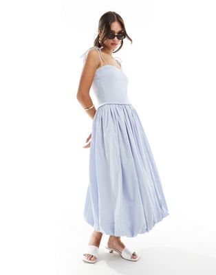 Asos Design Cami Strap Ribbed Bodice With Poplin Skirt Midi Dress In Light Blue