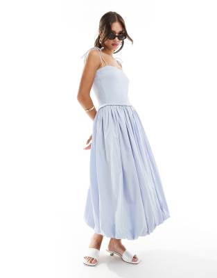 Asos Design Cami Strap Ribbed Bodice With Poplin Skirt Midi Dress In Light Blue