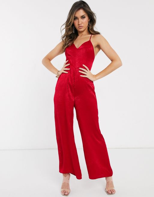 Joyfunear Criss-cross Backless Satin Slip Jumpsuit