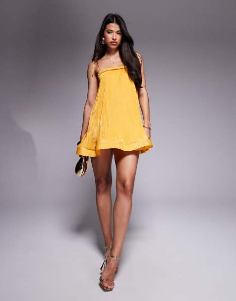 ASOS DESIGN cami strap with a-line curly hem mini dress in yellow - view 1