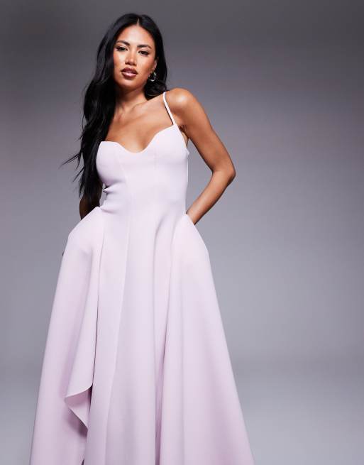 ASOS DESIGN cami straps scuba midi dress with full hem sweep and asymmetric hem detailing in lilac
