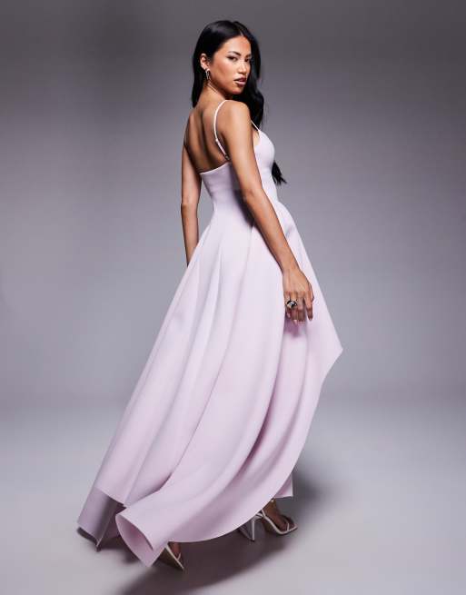 ASOS DESIGN cami straps scuba midi dress with full hem sweep and asymmetric hem detailing in lilac