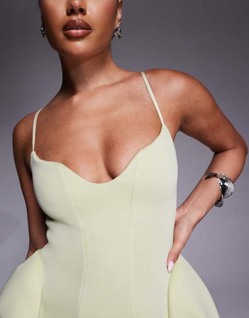 ASOS DESIGN cami straps scuba midi dress with full hem sweep and asymmetric detailing in pistachio