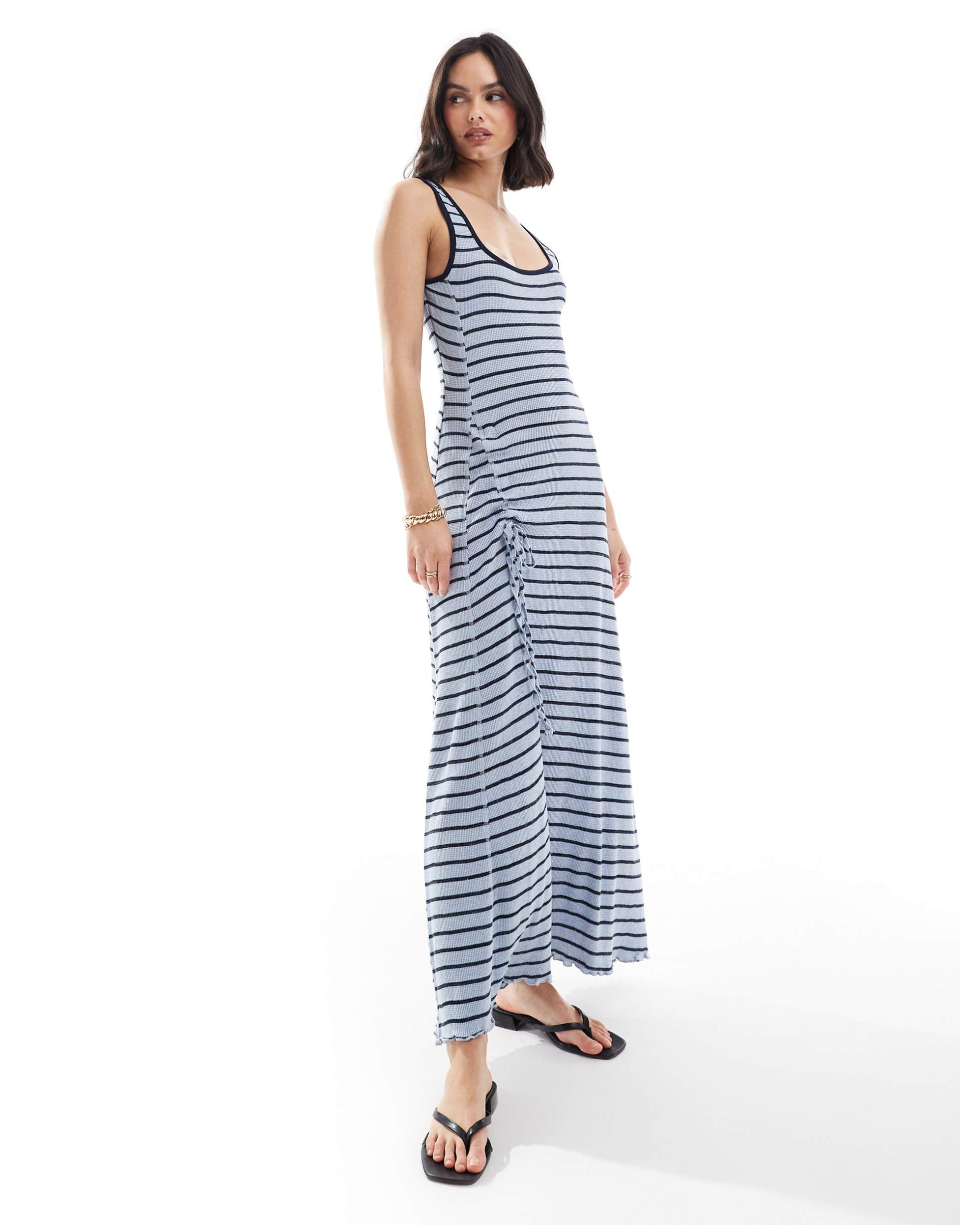 asos design cami strap with ruched tie and side split midi dress in navy and black stripe